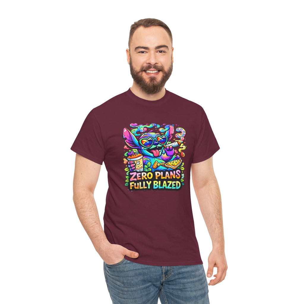 Zero Plans Fully Blazed Tee — Colorful Stoner Cat Graphic T-Shirt