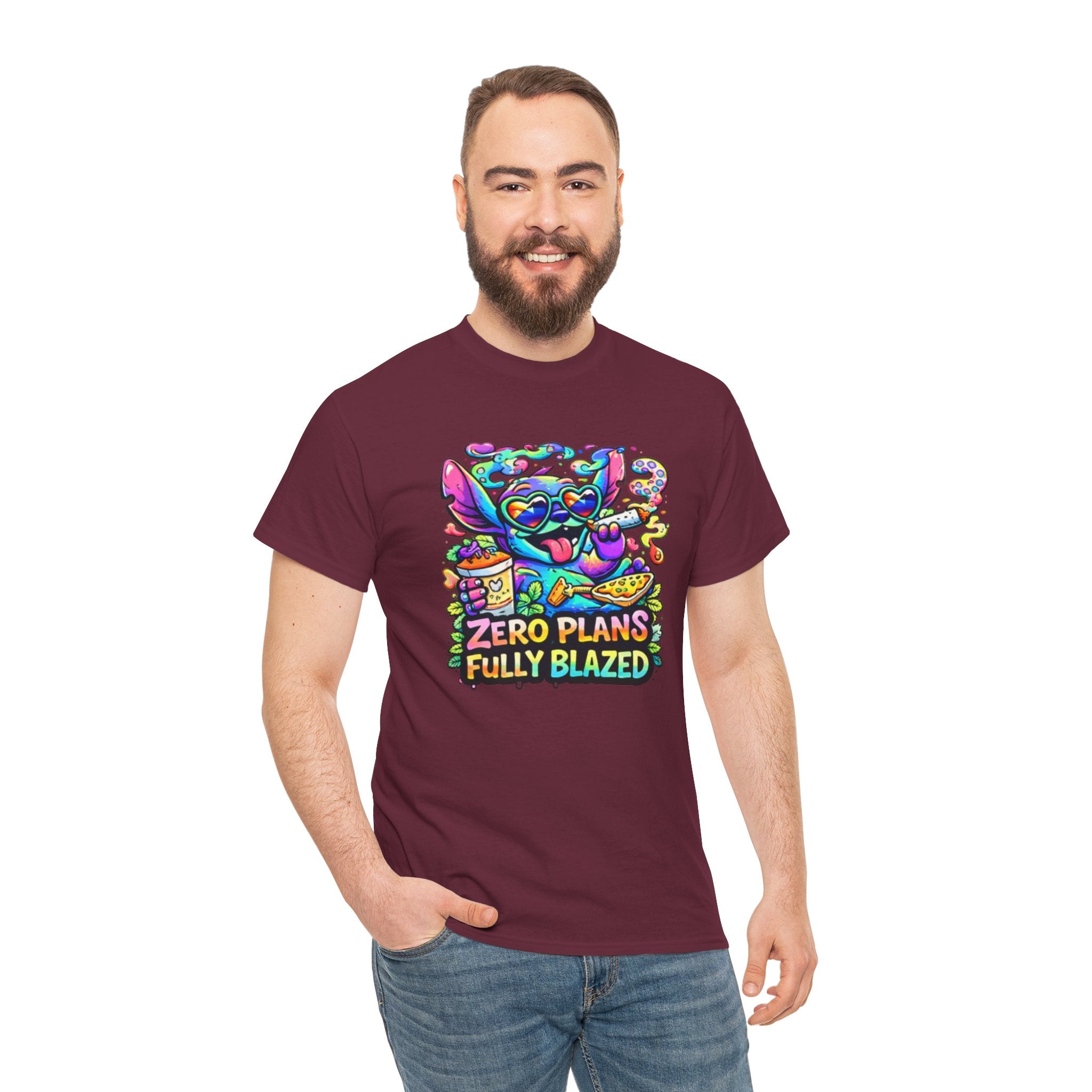 Zero Plans Fully Blazed Tee — Colorful Stoner Cat Graphic T-Shirt