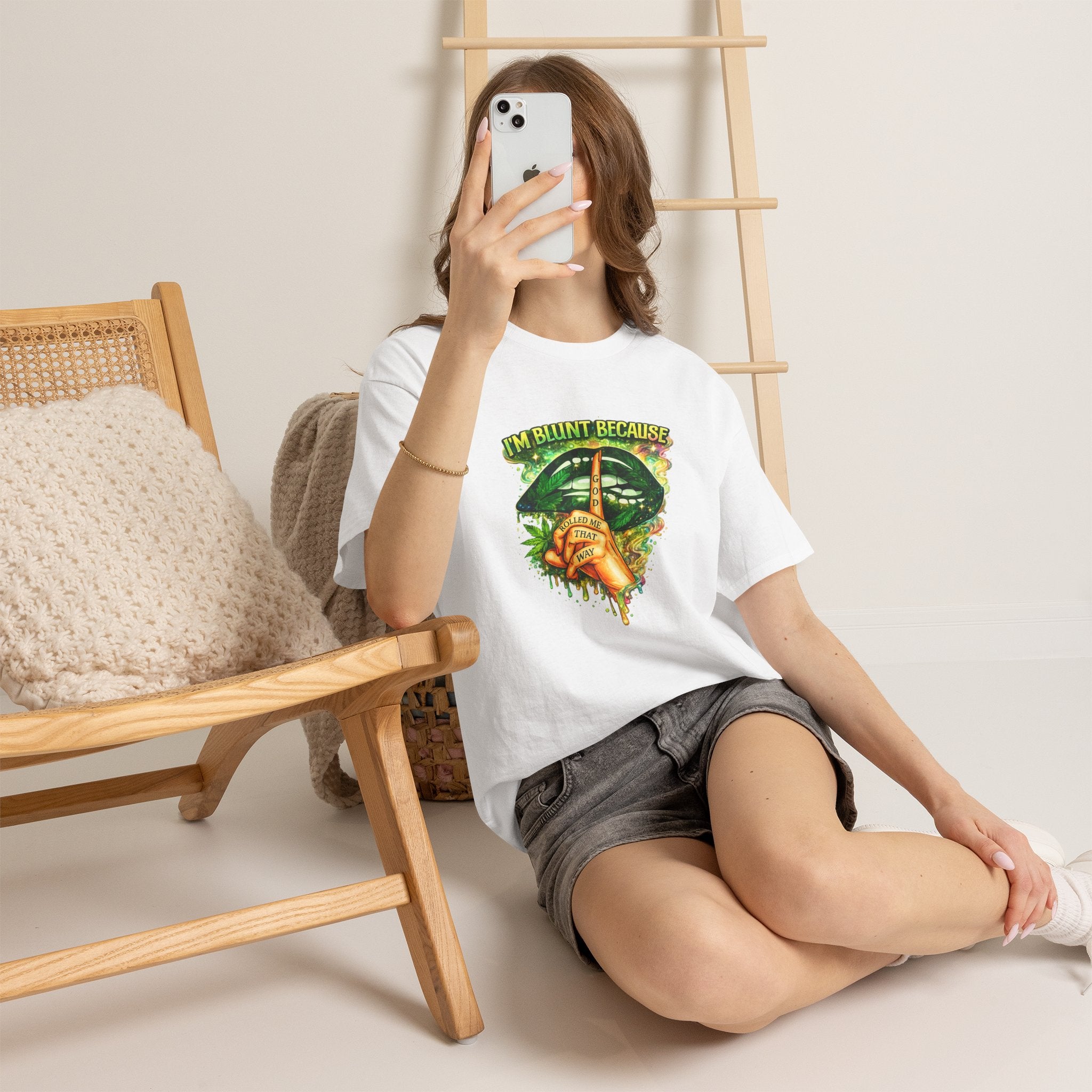 “I’m Blunt Because” Graphic Tee with Cannabis Leaf & Finger-On-Lips Design