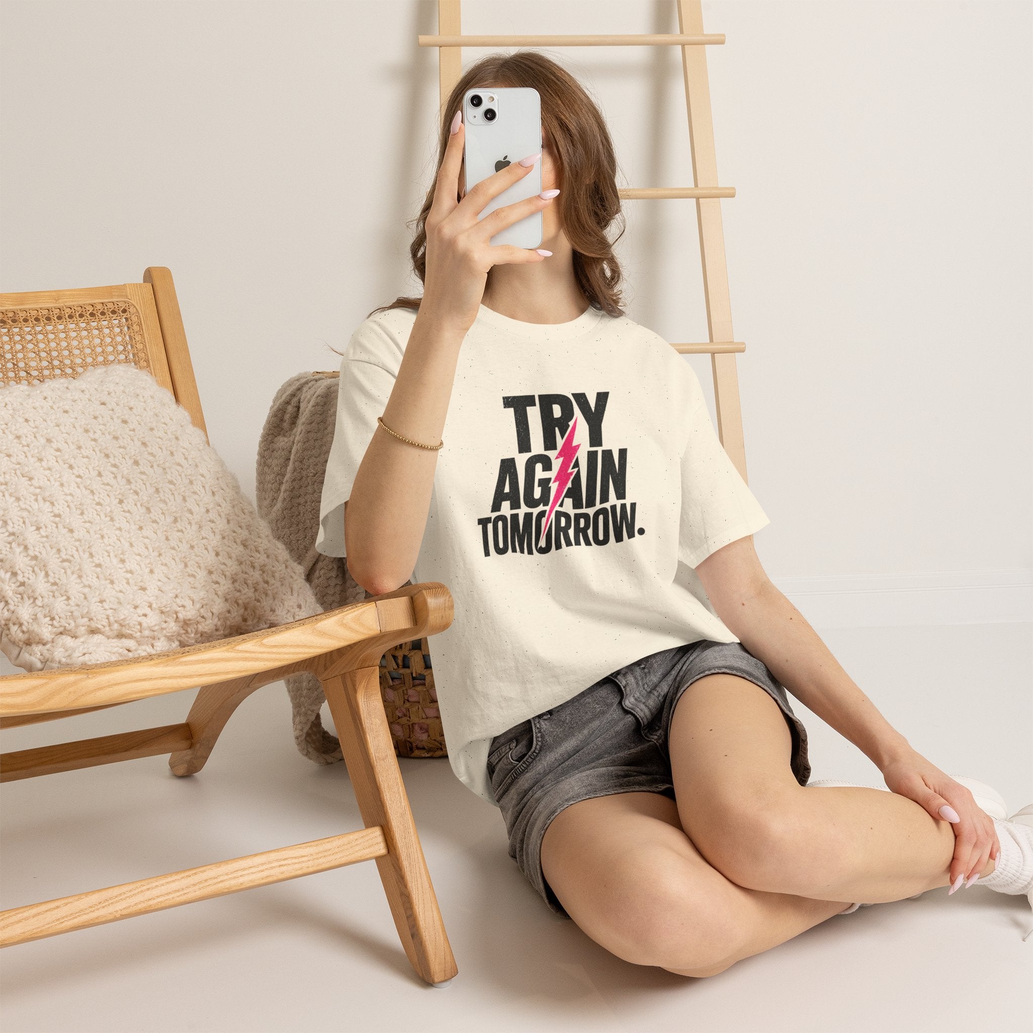 Try Again Tomorrow T-Shirt — Motivational Graphic Tee with Lightning Bolt