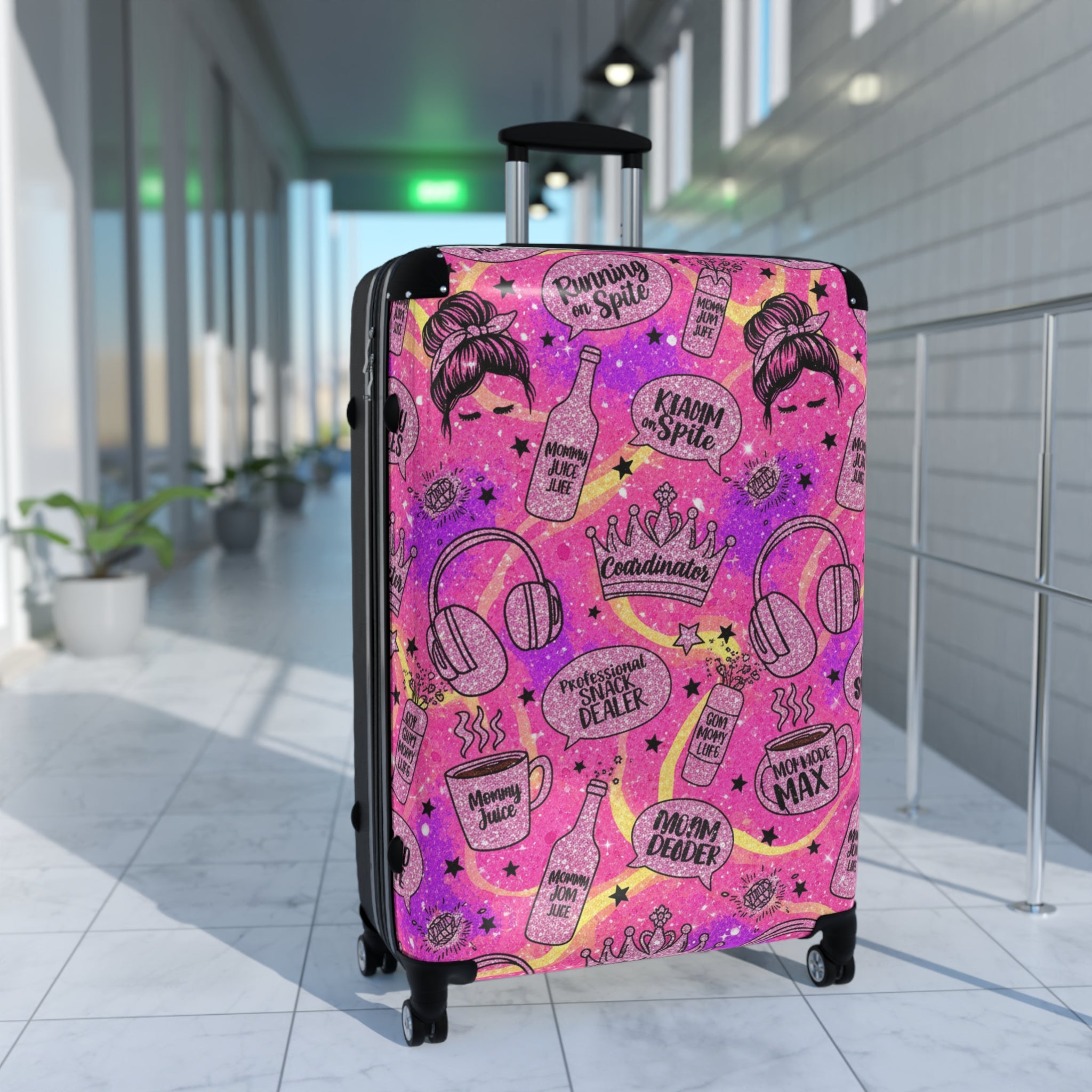 Pink Glam Travel Suitcase Cover – 'Vacay Mode' Cosmetic & Cocktail Pattern