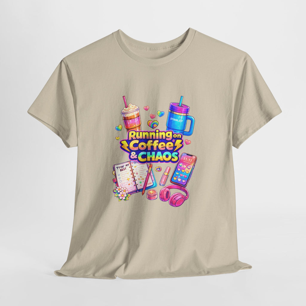 Graphic Tee — "Running on Coffee & Chaos" Colorful Planner Lover Shirt