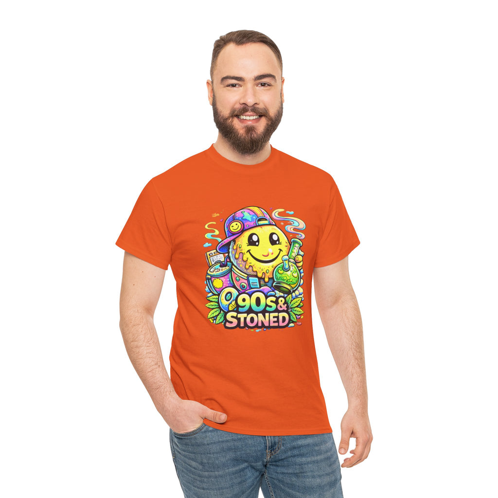 90s & Stoned Smiley Tee — Retro Vaporwave Cannabis Graphic T-Shirt