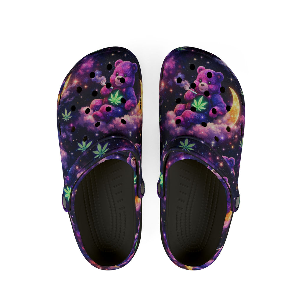 Celestial Teddy Moon EVA Clogs — Purple Galaxy Forest Print Foam Shoes