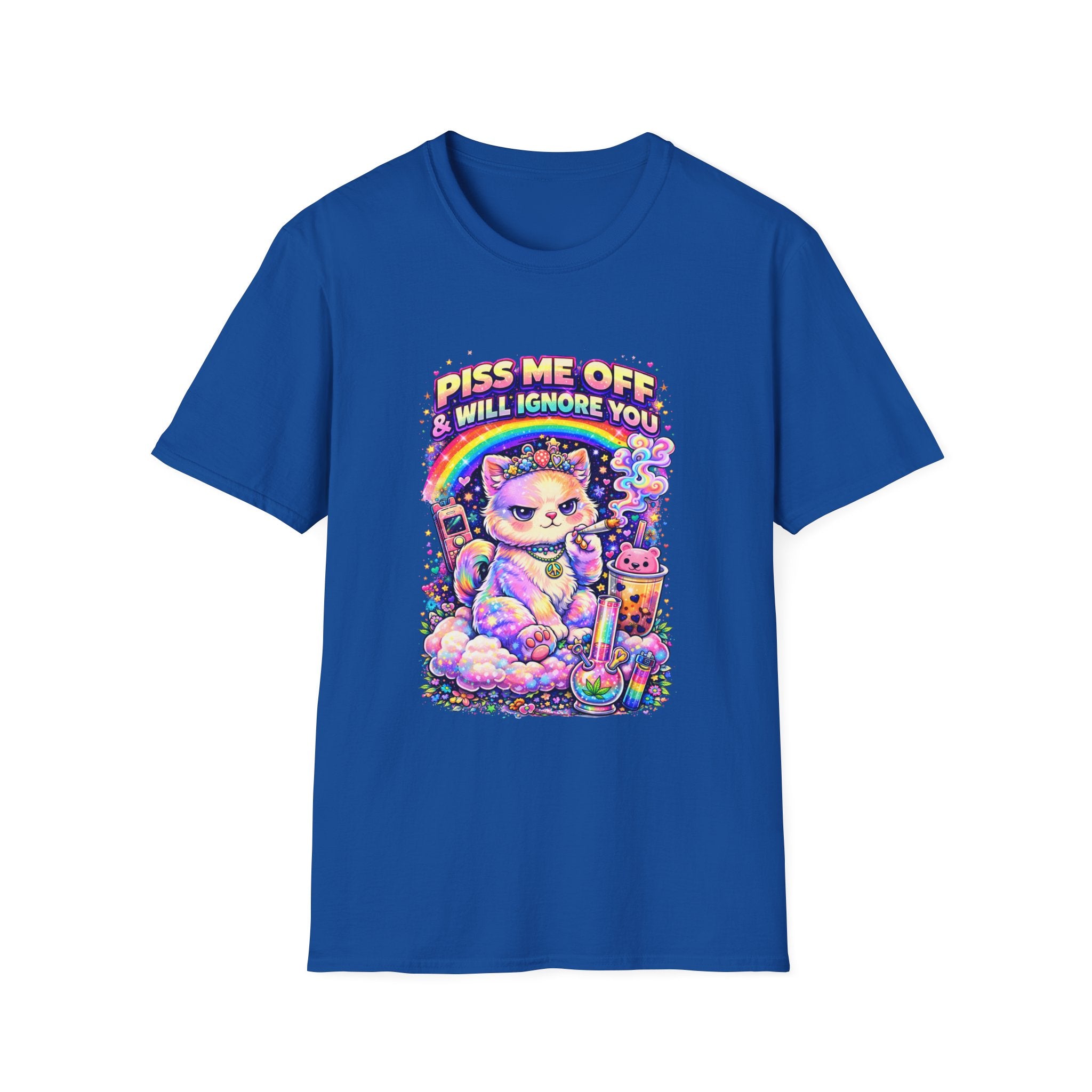 Graphic T-Shirt — "Piss Me Off & I Will Ignore You" Cute Grumpy Cat Rainbow Design
