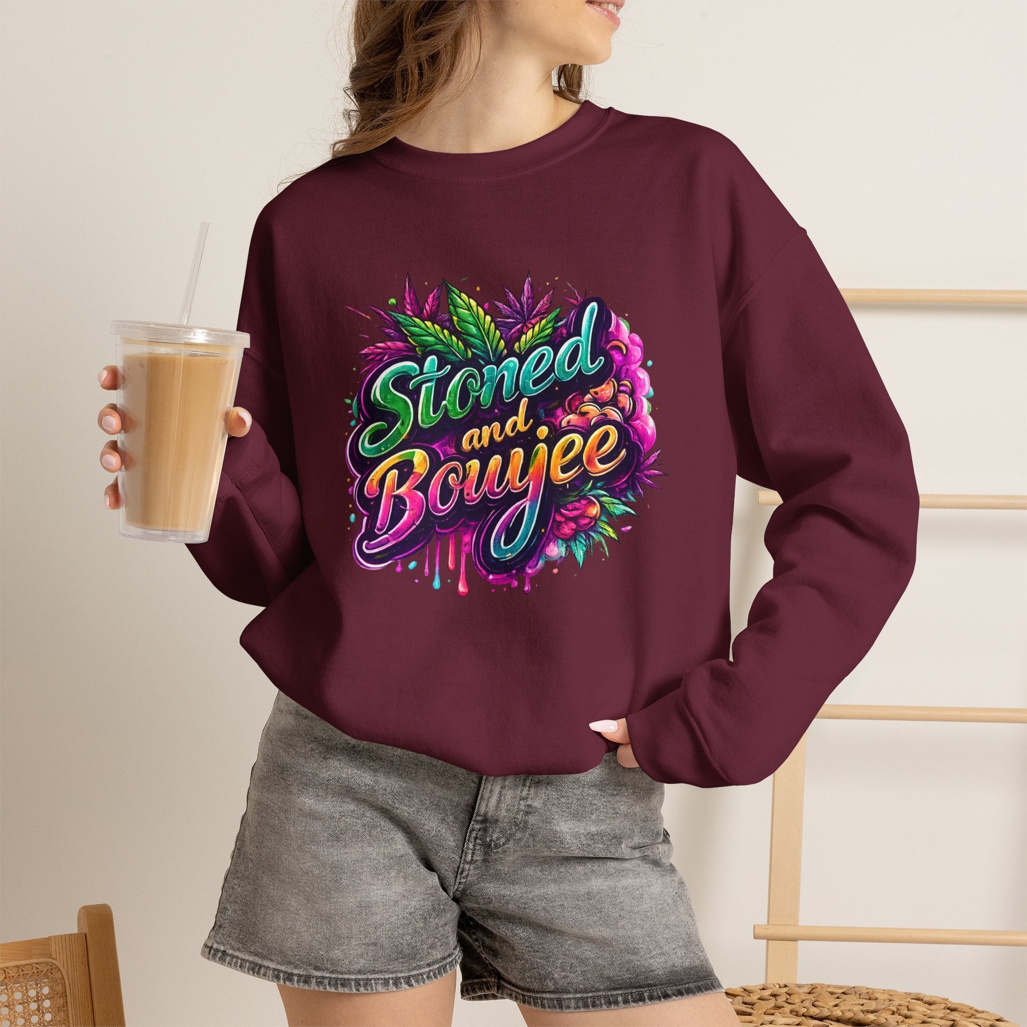 Crewneck Sweatshirt — "Stoned and Boujee" Colorful Cannabis Graphic