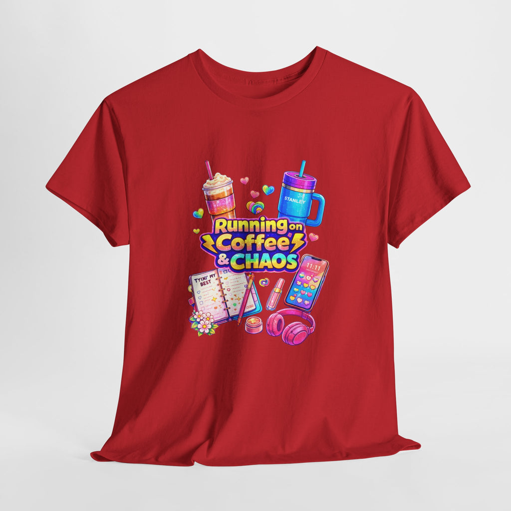 Graphic Tee — "Running on Coffee & Chaos" Colorful Planner Lover Shirt