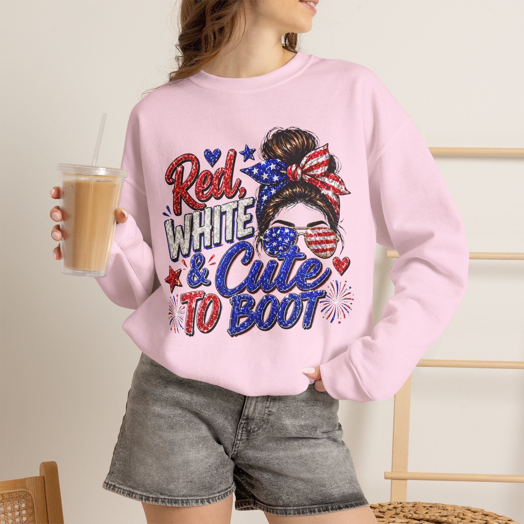 Crewneck Sweatshirt - "Red, White & Cute to Boot" Patriotic Women’s Graphic