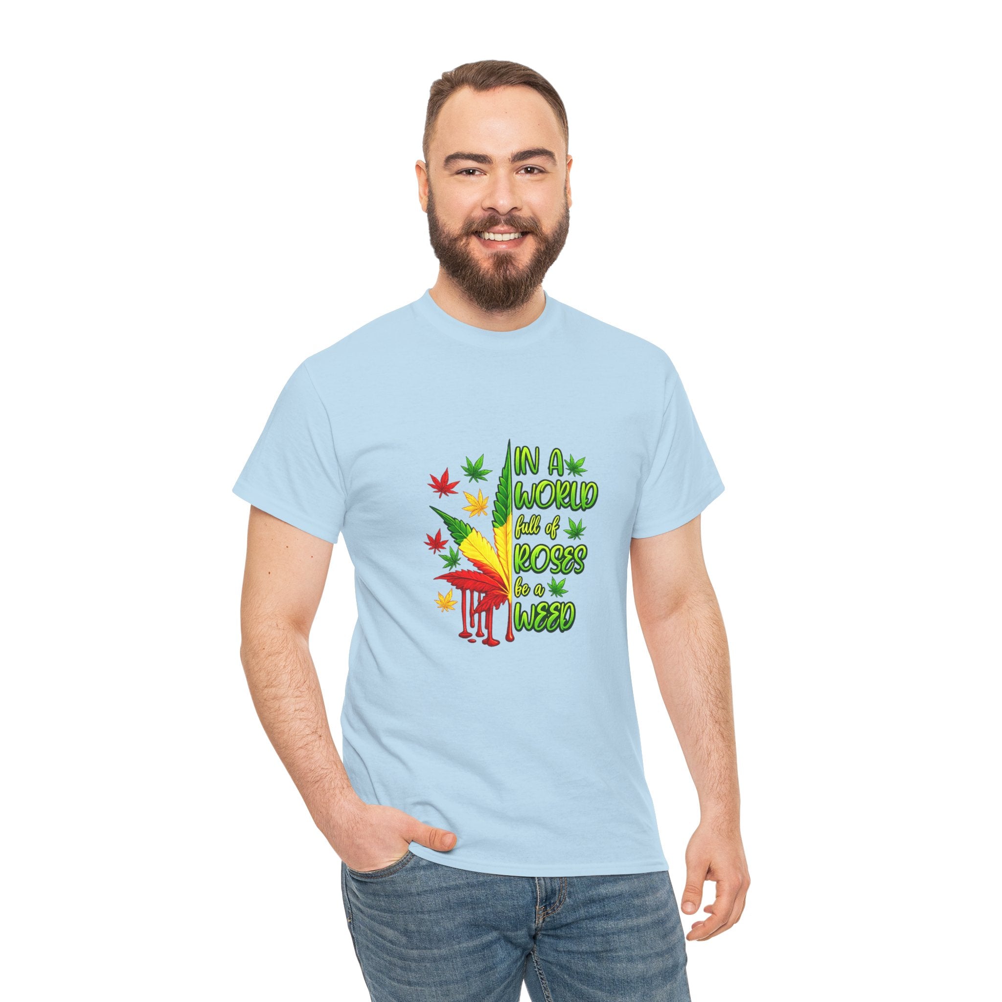 T-Shirt — "In A World Where Mosses Rule" Colorful Mushroom & Leaf Graphic