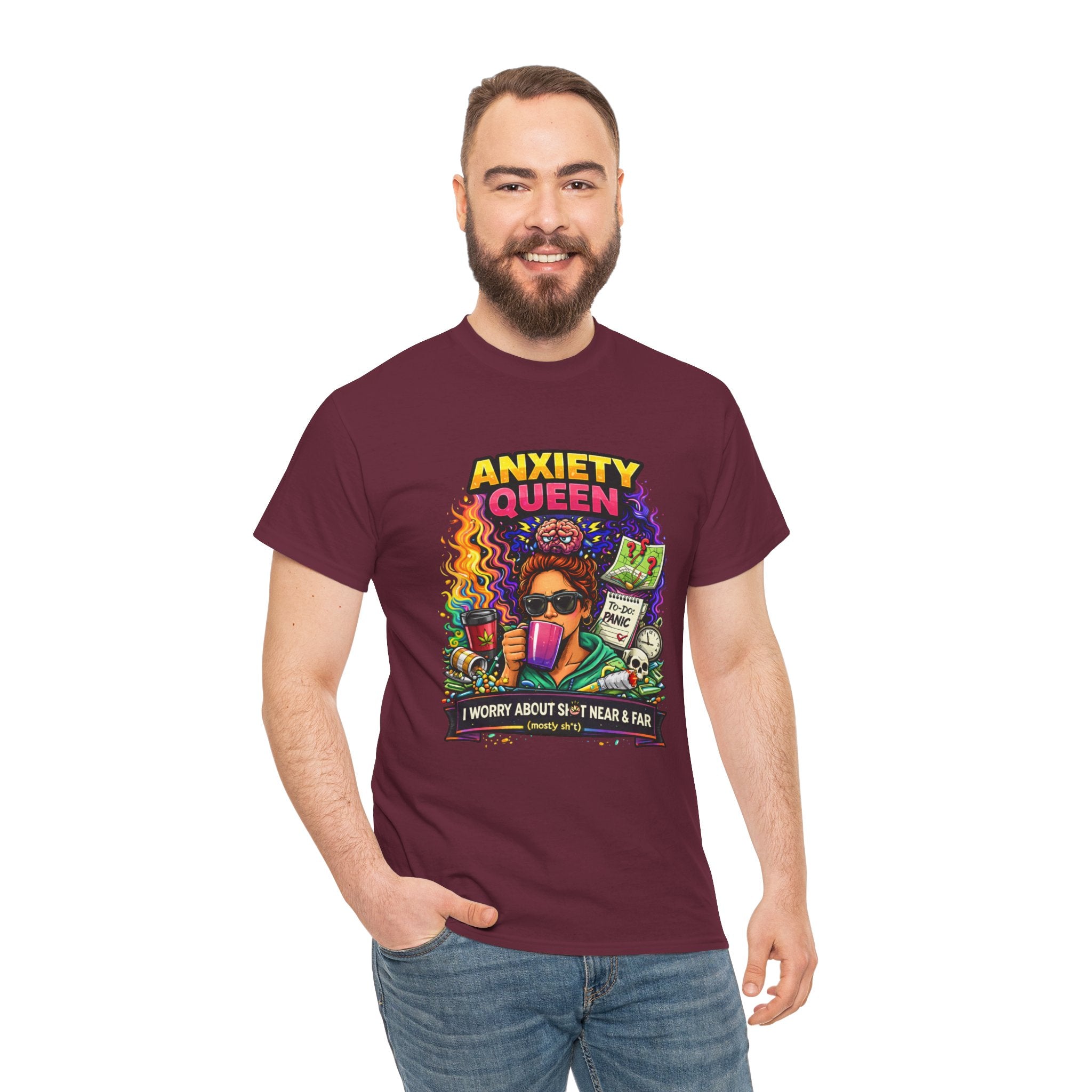 Anxiety Queen T-Shirt – Funny Mental Health Graphic Tee (“I Worry About Sh*t Near & Far”)