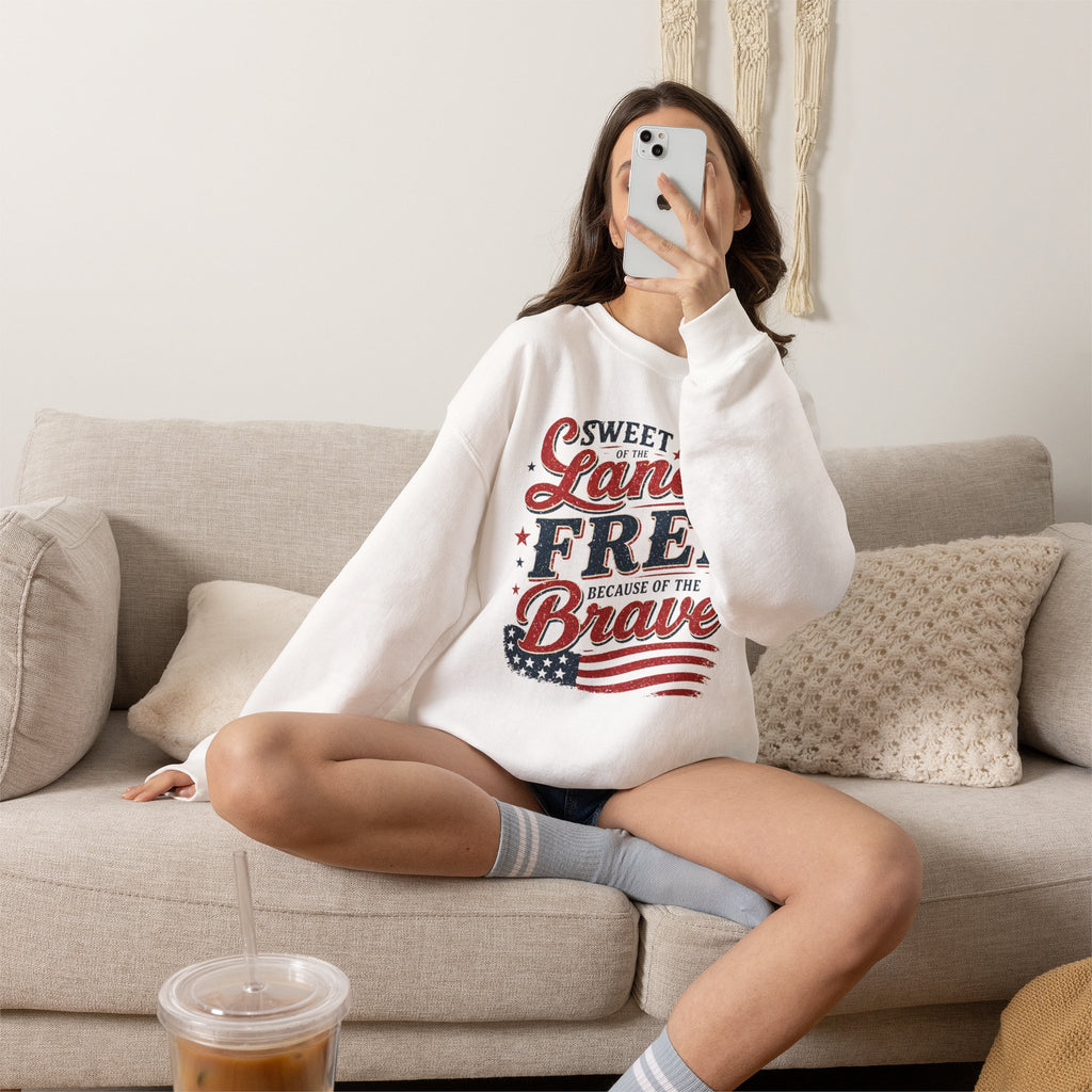 Crewneck Sweatshirt — "Sweet Land Free Because of the Brave" Patriotic Flag Design