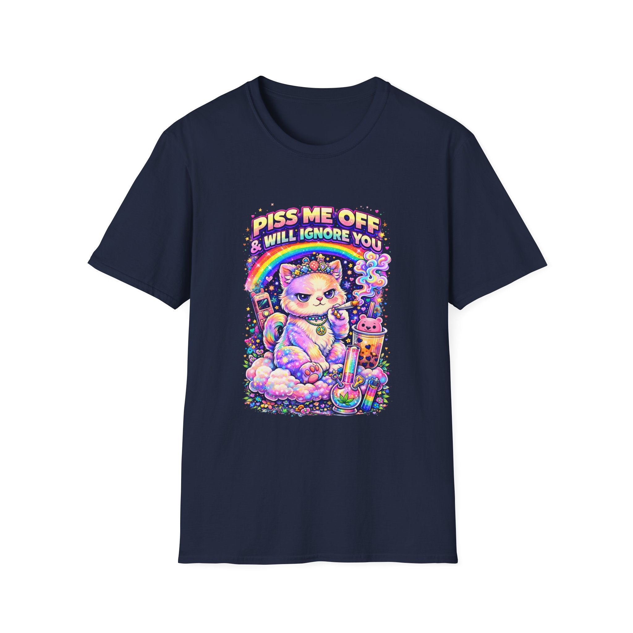 Graphic T-Shirt — "Piss Me Off & I Will Ignore You" Cute Grumpy Cat Rainbow Design