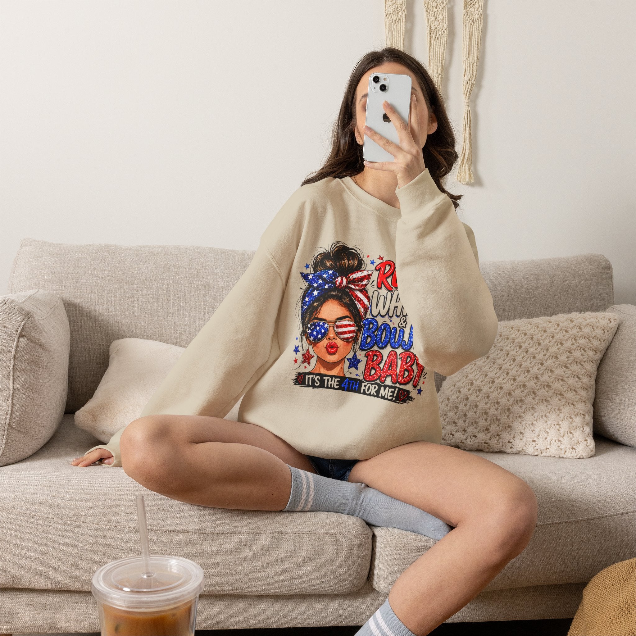 Crewneck Sweatshirt — "Red White Boujee Baby" Patriotic Women's 4th of July Graphic
