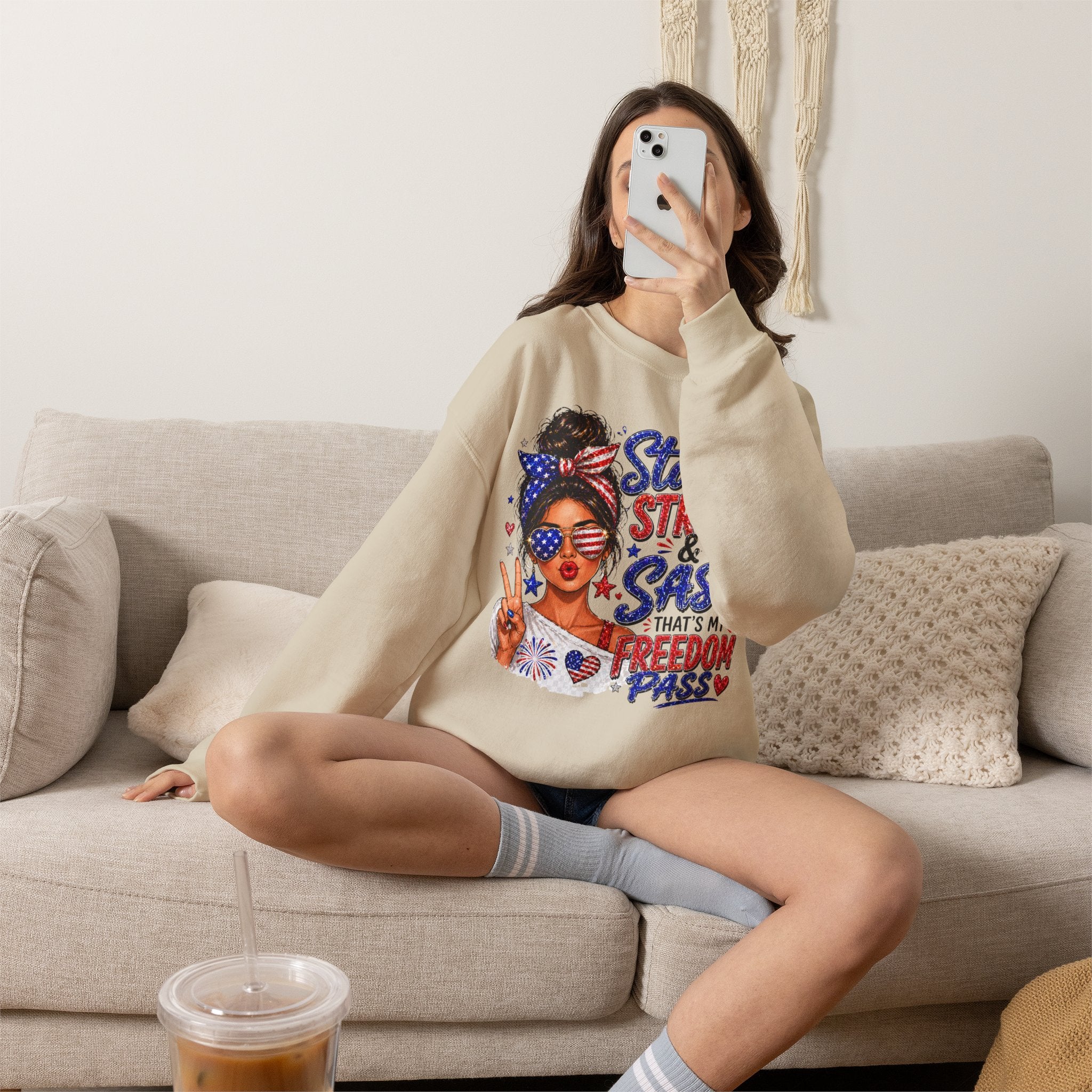 Patriotic 'Stars, Stripes & Sass' Crewneck Sweatshirt – 4th of July Freedom Pass Graphic