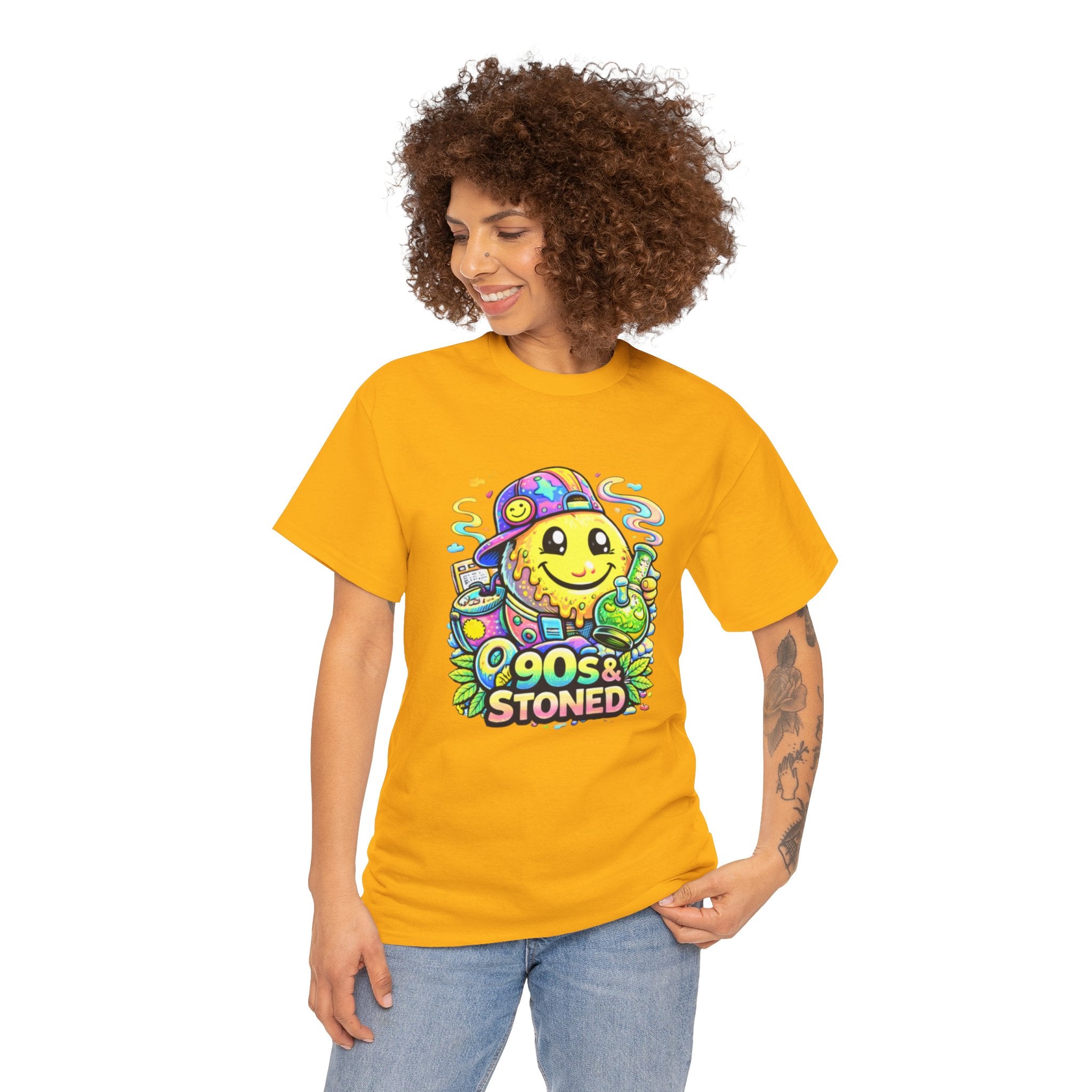 90s & Stoned Smiley Tee — Retro Vaporwave Cannabis Graphic T-Shirt