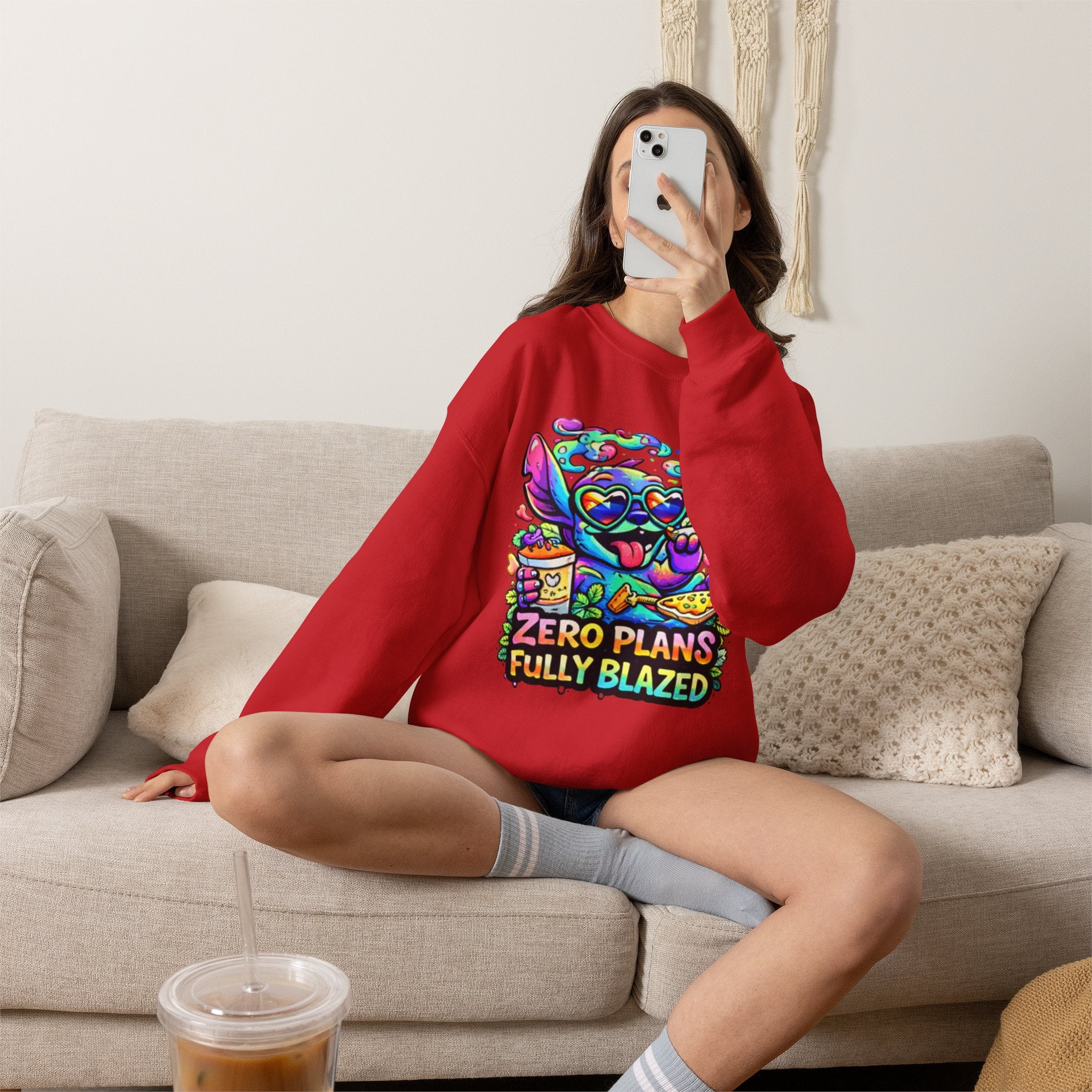 Crewneck Sweatshirt — "Zero Plans Fully Blazed" Colorful Stoner Cartoon Graphic