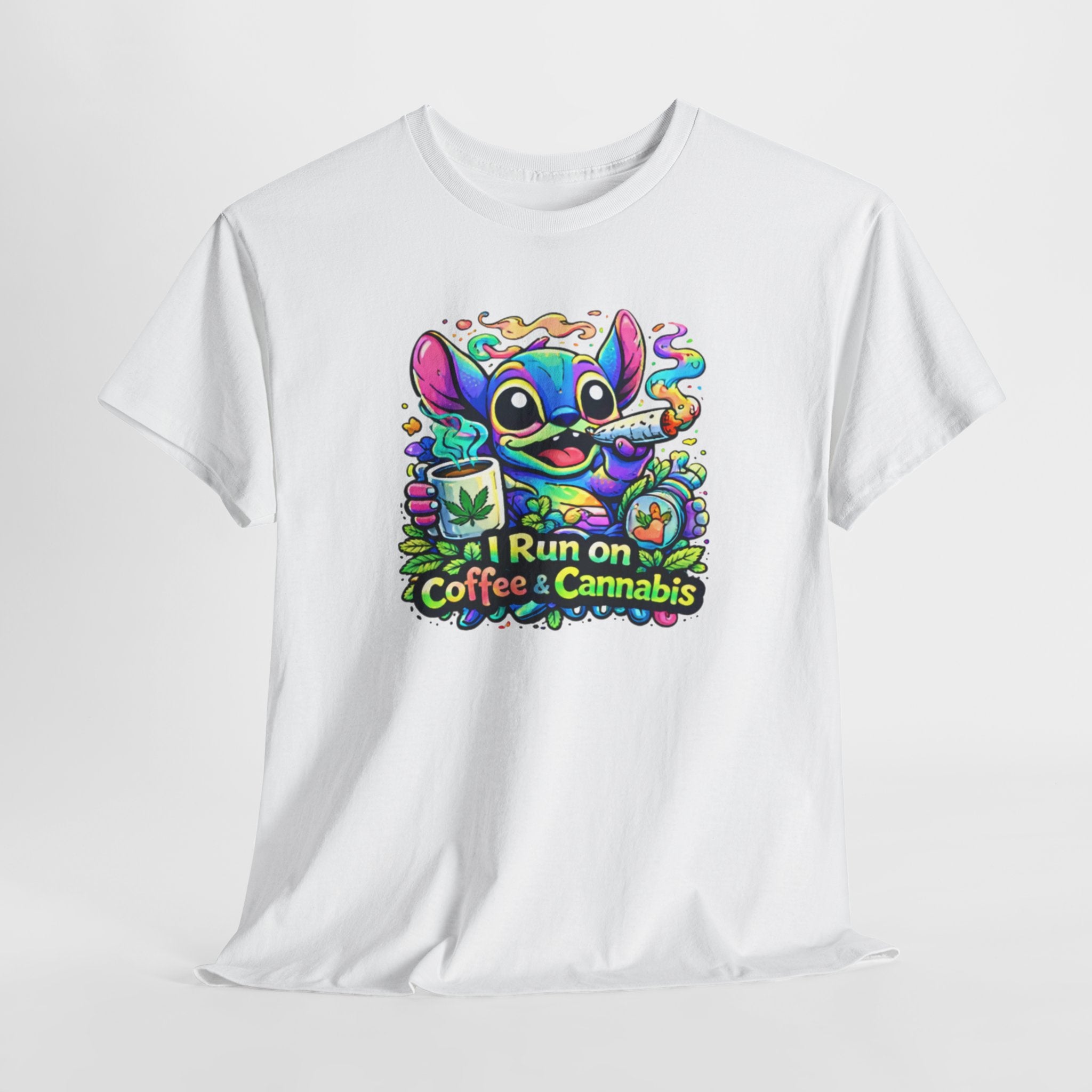 Coffee & Cannabis Tee — 'I Run on Coffee & Cannabis' Cute Stitch Graphic T-Shirt