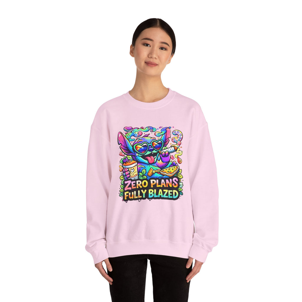 Crewneck Sweatshirt — "Zero Plans Fully Blazed" Colorful Stoner Cartoon Graphic