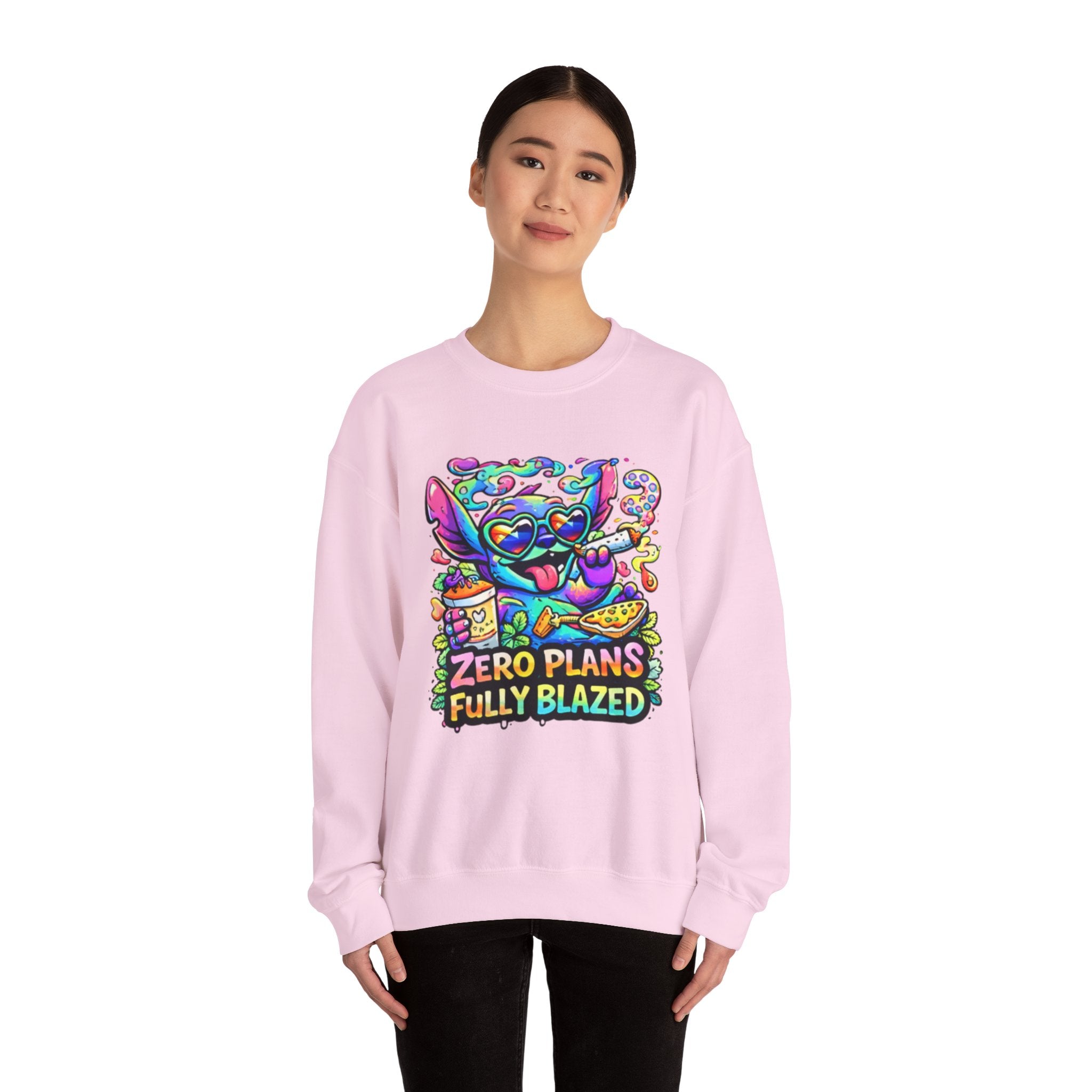 Crewneck Sweatshirt — "Zero Plans Fully Blazed" Colorful Stoner Cartoon Graphic