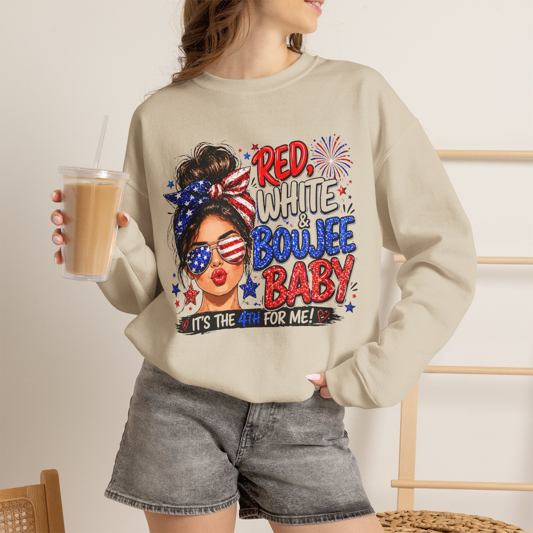 Crewneck Sweatshirt — "Red White Boujee Baby" Patriotic Women's 4th of July Graphic