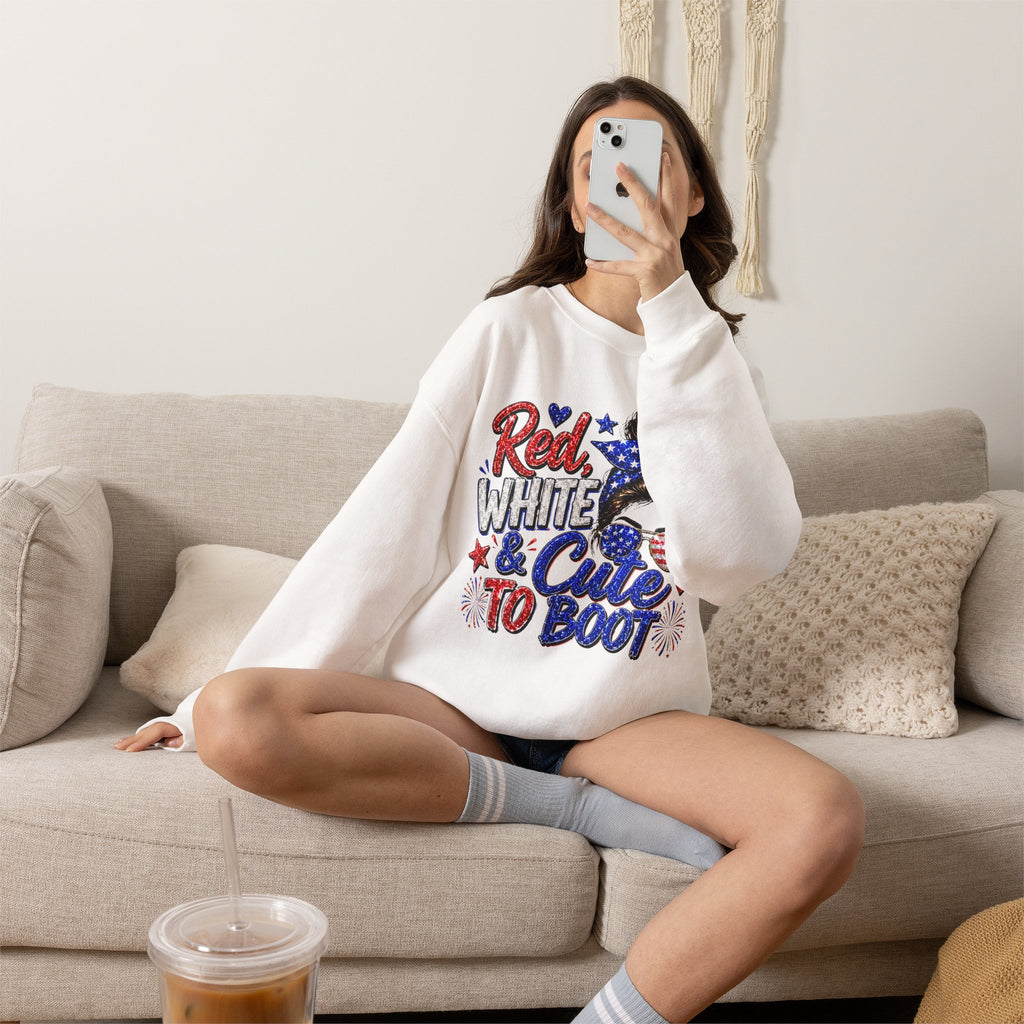 Crewneck Sweatshirt - "Red, White & Cute to Boot" Patriotic Women’s Graphic