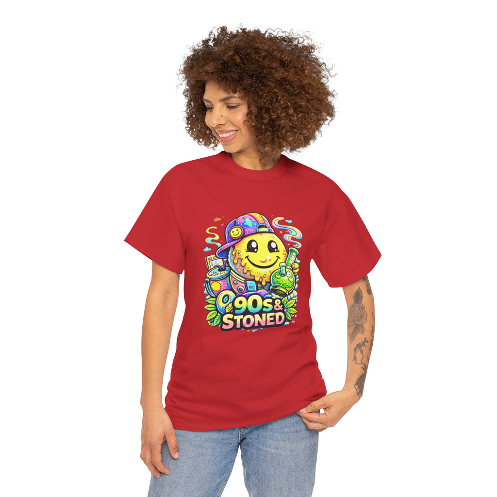 90s & Stoned Smiley Tee — Retro Vaporwave Cannabis Graphic T-Shirt