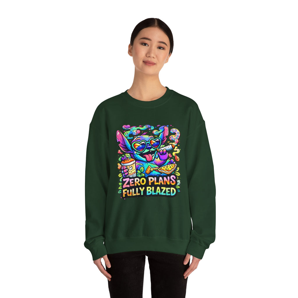 Crewneck Sweatshirt — "Zero Plans Fully Blazed" Colorful Stoner Cartoon Graphic