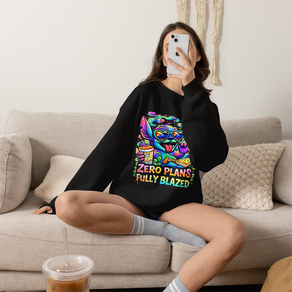 Crewneck Sweatshirt — "Zero Plans Fully Blazed" Colorful Stoner Cartoon Graphic