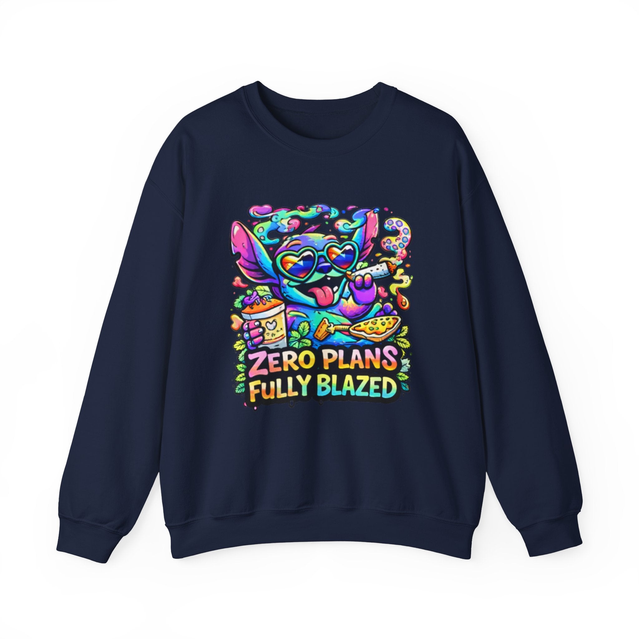 Crewneck Sweatshirt — "Zero Plans Fully Blazed" Colorful Stoner Cartoon Graphic