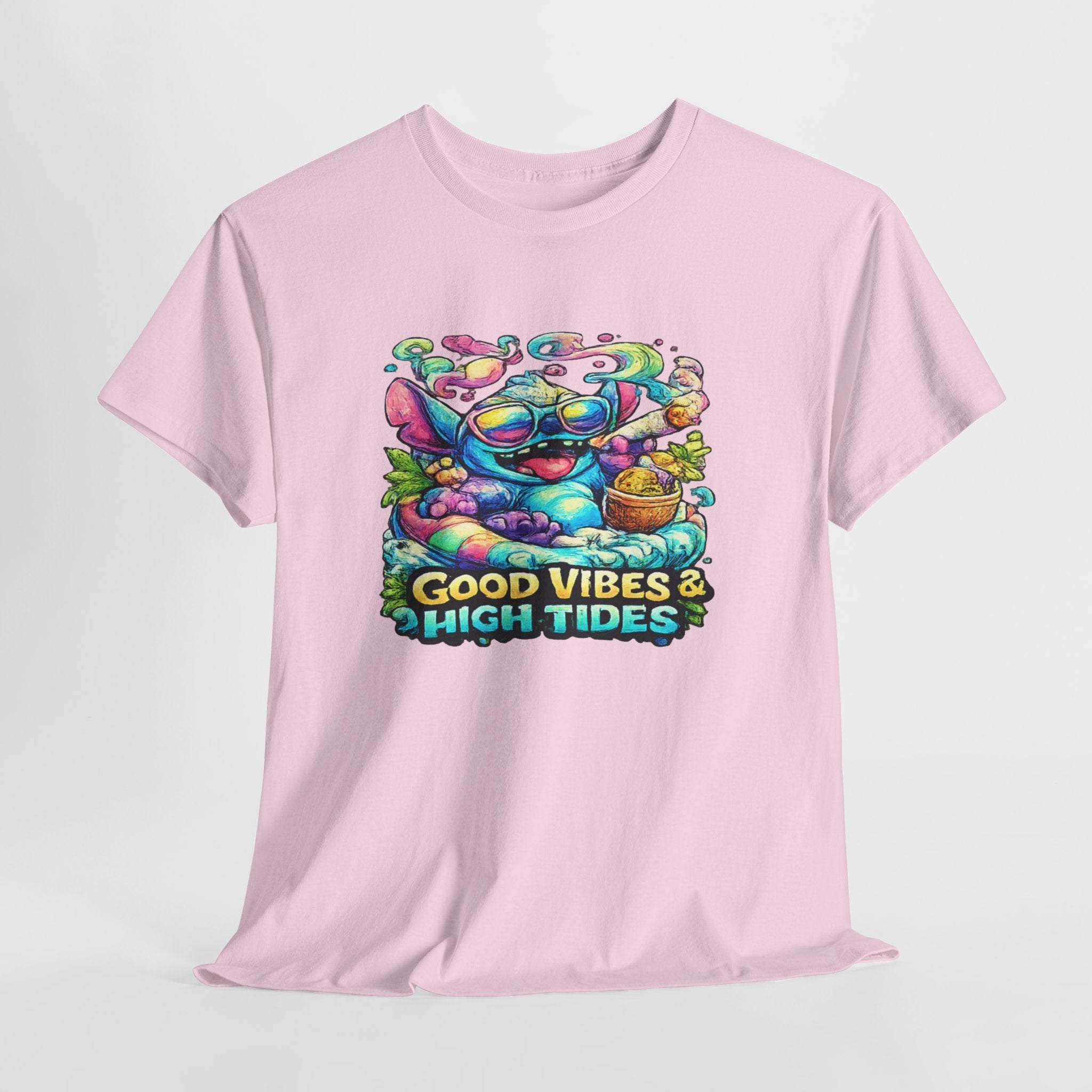 T-Shirt — "Good Vibes & High Tides" Colorful Surf Shark Graphic Tee