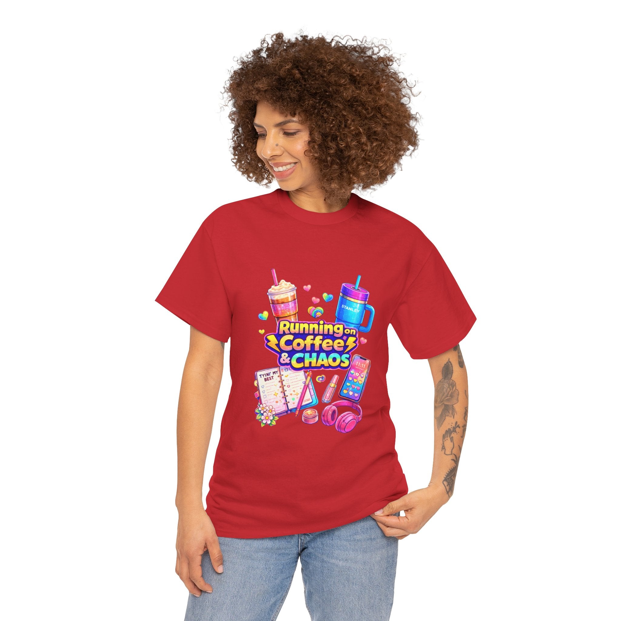 Graphic Tee — "Running on Coffee & Chaos" Colorful Planner Lover Shirt