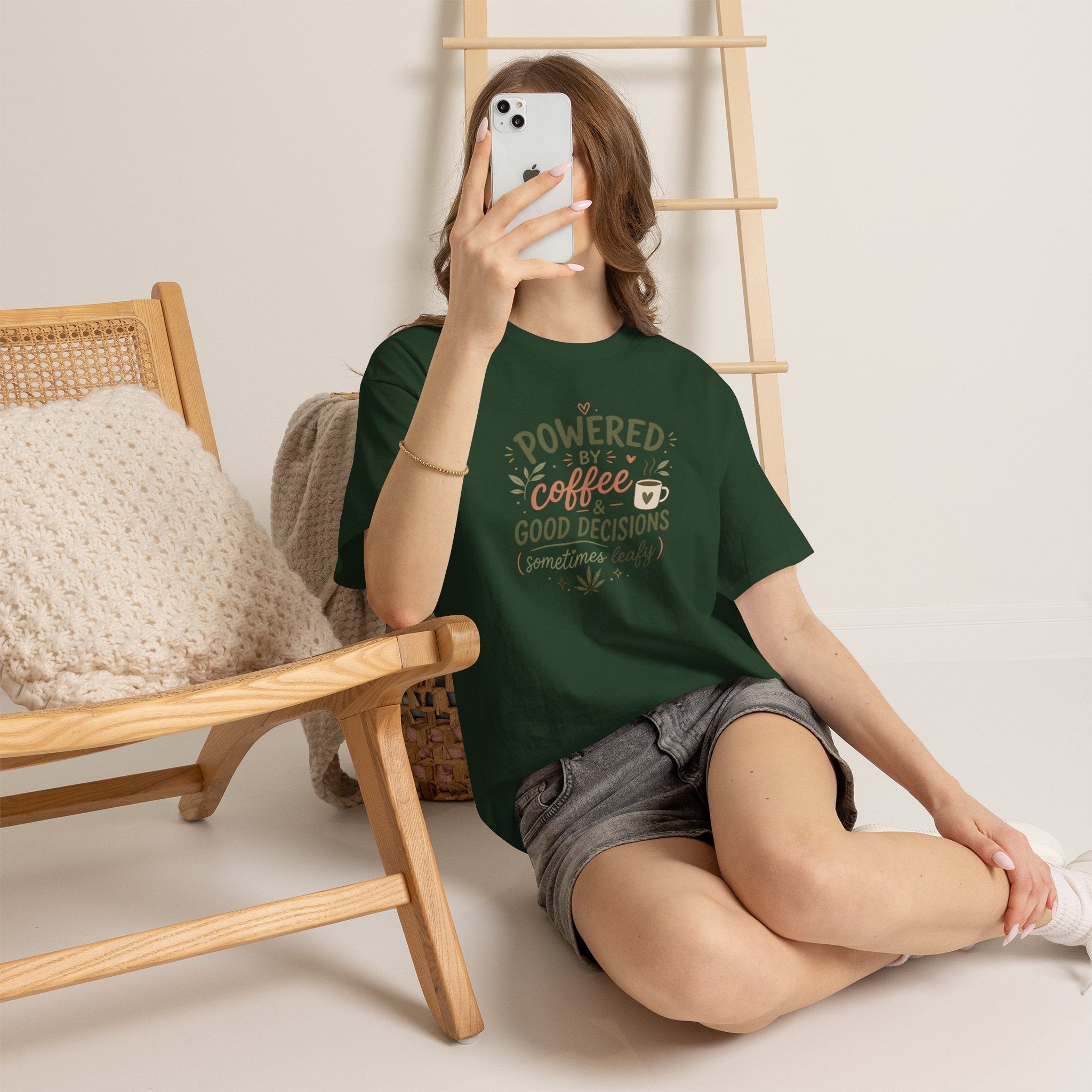 Coffee & Good Decisions T-Shirt — "Powered by Coffee & Good Decisions (Sometimes Leafy)"