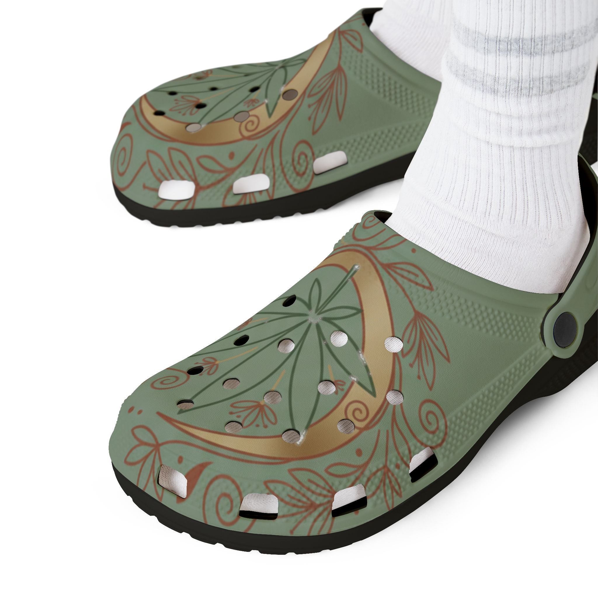 Green Botanical Leaf EVA Clogs — Comfortable Slip-On Garden Shoes