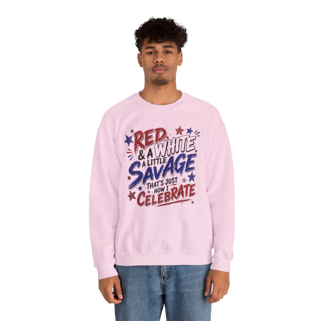 Crewneck Sweatshirt — "Red & White & A Little Savage" Patriotic 4th of July Pullover