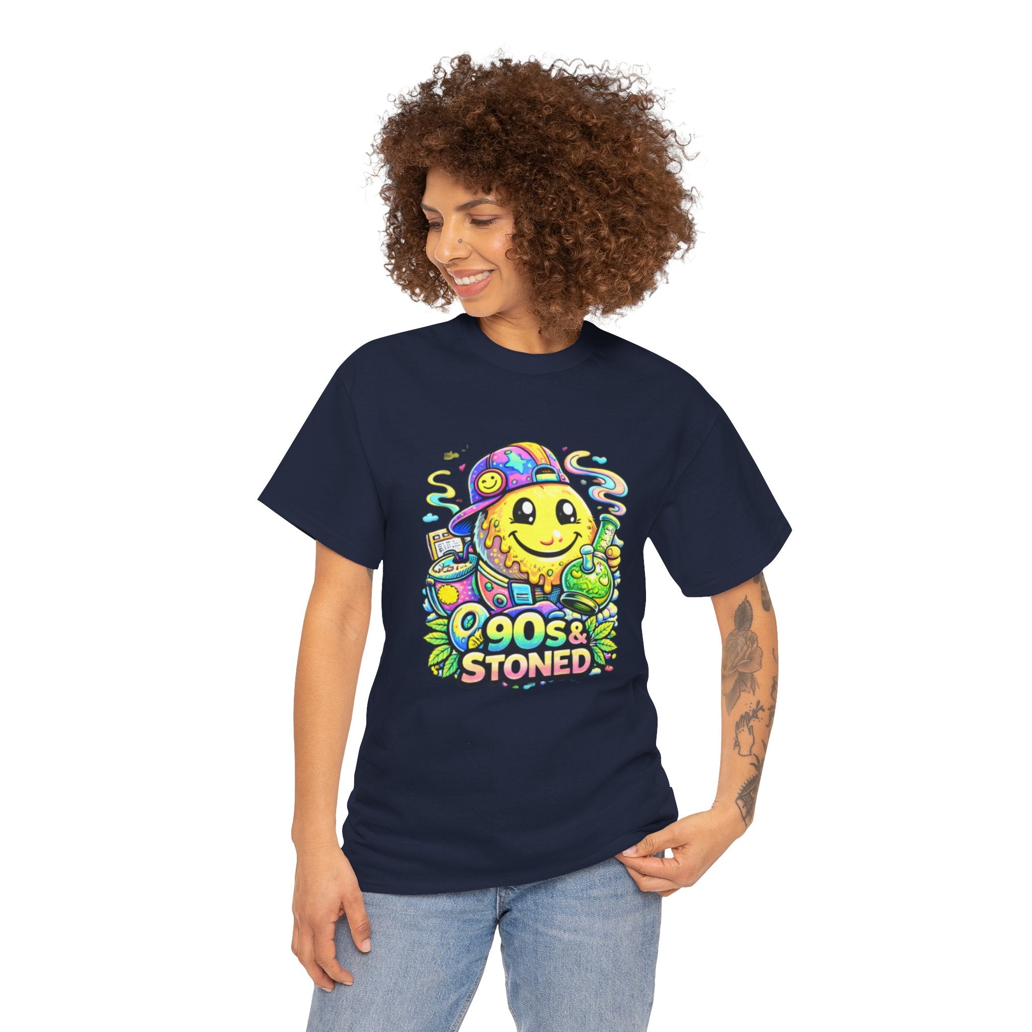 90s & Stoned Smiley Tee — Retro Vaporwave Cannabis Graphic T-Shirt