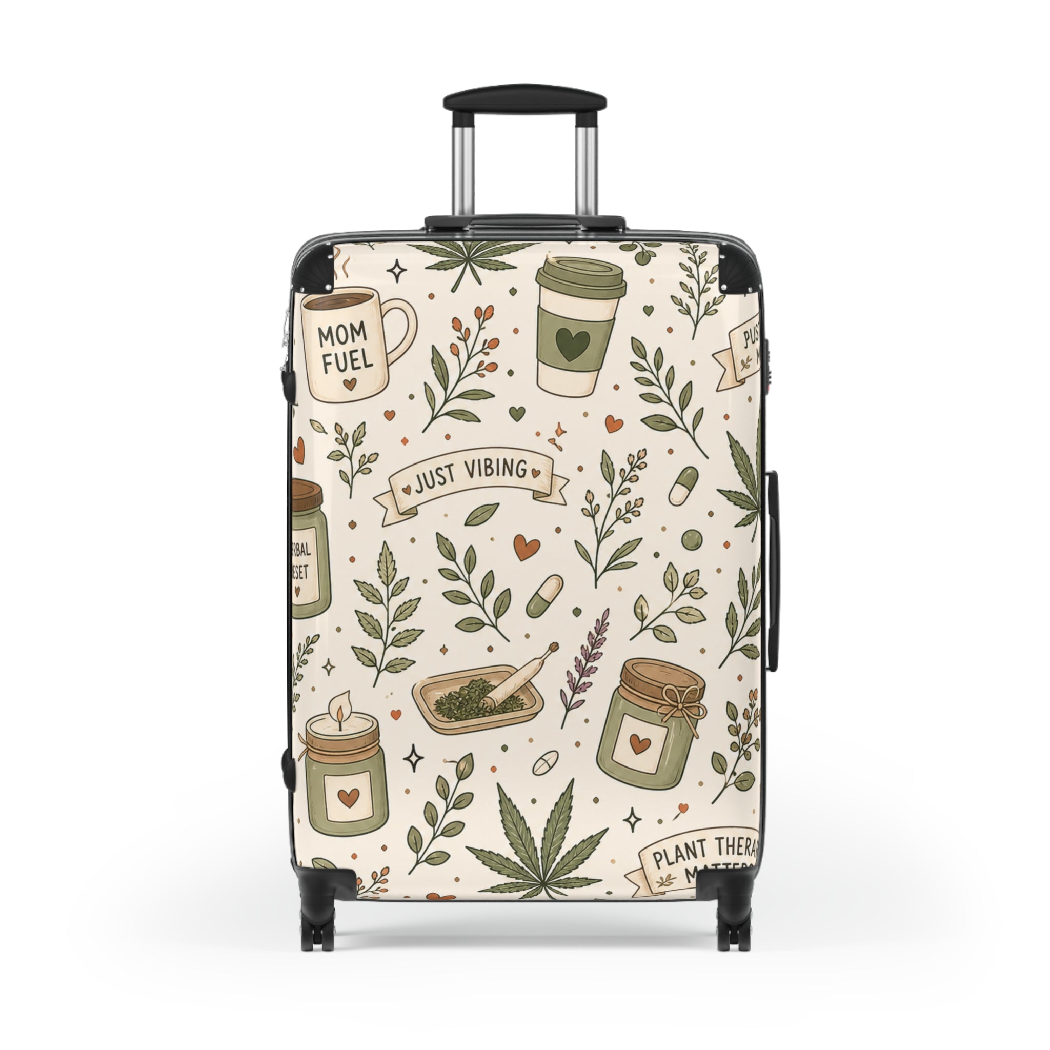 Suitcase — "Just Vibing" Mom Fuel Travel Luggage with Botanical Coffee & Hemp Pattern