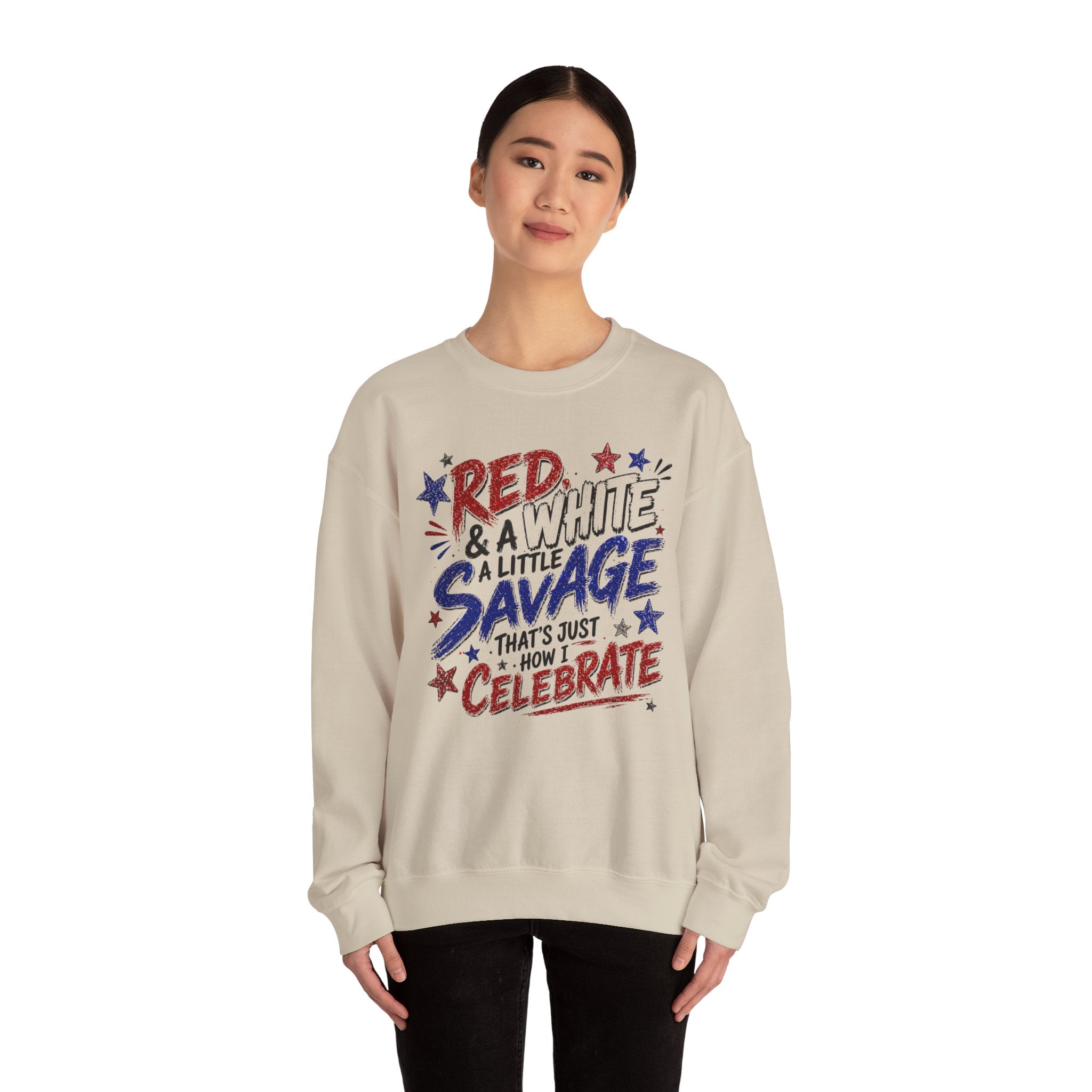 Crewneck Sweatshirt — "Red & White & A Little Savage" Patriotic 4th of July Pullover
